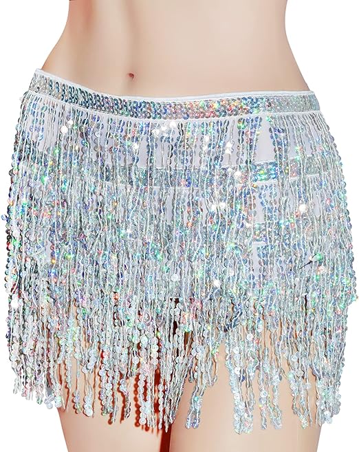 Photo 1 of One Size - Belly Dance Hip Scarf Sequin Tassel Skirt Wrap Sparkly Rave Costume for Women
