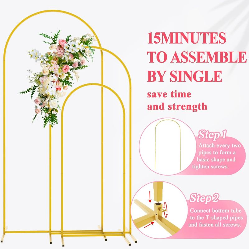 Photo 1 of Wokceer Wedding Arch Backdrop Stand 6FT, 5FT, 4FT Set of 3 Gold Metal Arch Backdrop Stand for Wedding Ceremony Baby Shower Birthday Party Garden Floral Balloon Arch Decoration
