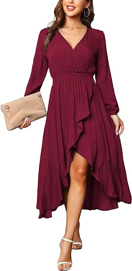 Photo 1 of Size XL - Kormei Women V Neck High Low Flowy Boho Dots Long Sleeve Party Long Maxi Dress

