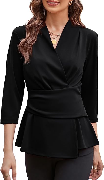 Photo 1 of Size XL GRACE KARIN Women's 2024 Peplum Tops Dressy Wrap V Neck 3/4 Sleeve Work Blouse Solid Tie Waist Business Casual Shirts
