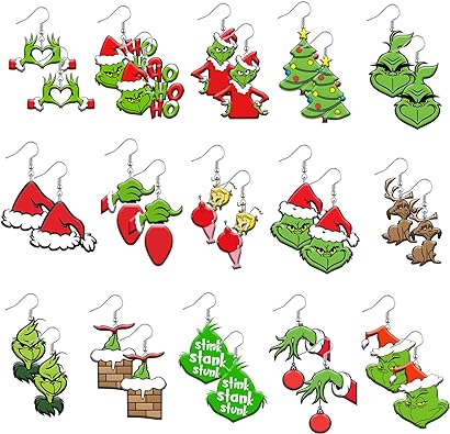 Photo 1 of 15 Pairs Christmas Earrings for Women Christmas Grinch Wooden Earrings Christmas Decorations Bulk Xmas New Year Party Earrings Set Winter Holiday Jewelry Gift
