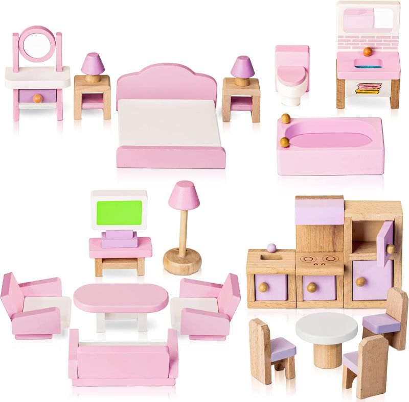 Photo 1 of Wooden Dollhouse Furniture Set, 22 Pcs Miniature Dollhouse Accessories Including 5 Room Kits, Little People House Furniture, Doll House Furniture Toys Gift for Girls Boys Age 3+
