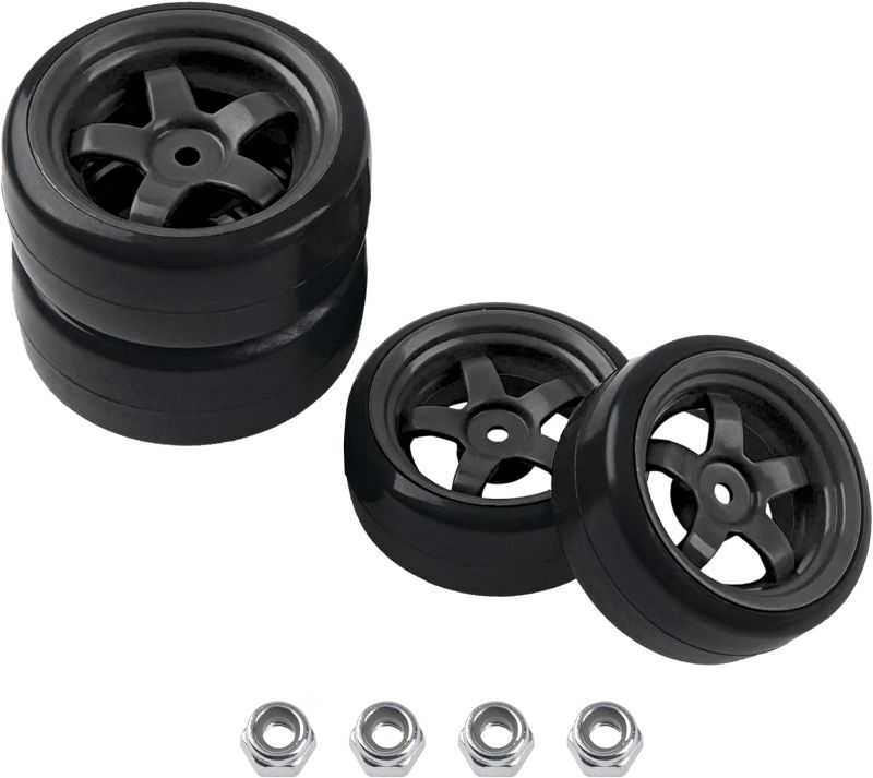 Photo 1 of 5-Spoke RC 12mm Hex Hub Wheel Rims & Rubber Tires Compatible with HSP Tamiya HPI Kyosho 1/10 On-Road Touring Car,WLtoys 1/14 144001 Traxxas 1/16 Slash RC 1/18 A959B Buggy (Black)
