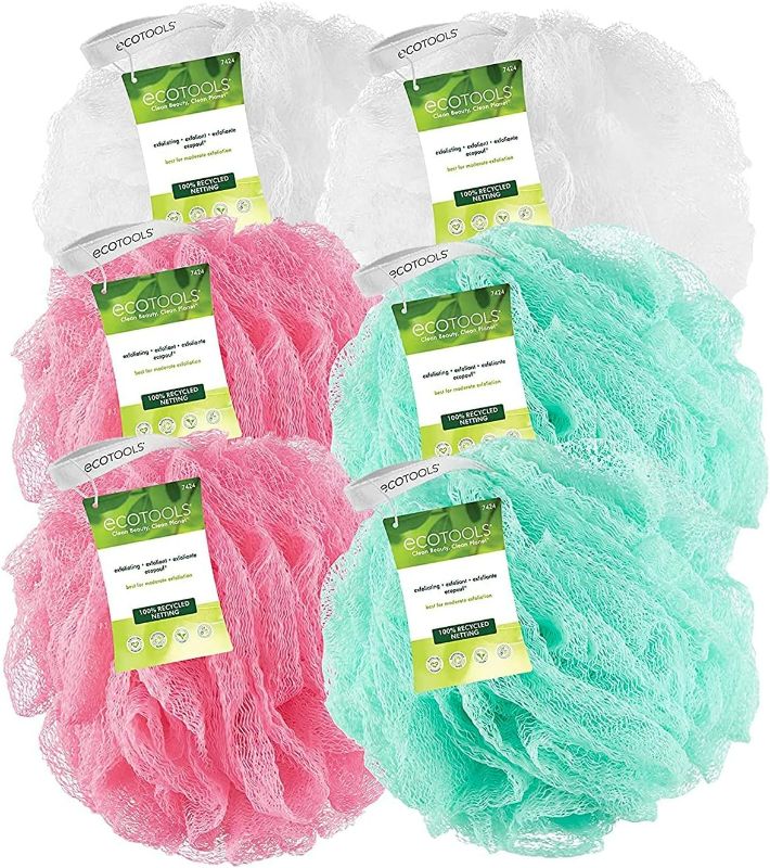 Photo 1 of EcoTools Exfoliating EcoPouf Bath Sponges, Rich Lather, Recycled Netting, Body Loofahs for Smoother, Softer Skin, Removes Dirt & Impurities, for Shower & Bath, Assorted Colors, Pack of 6
