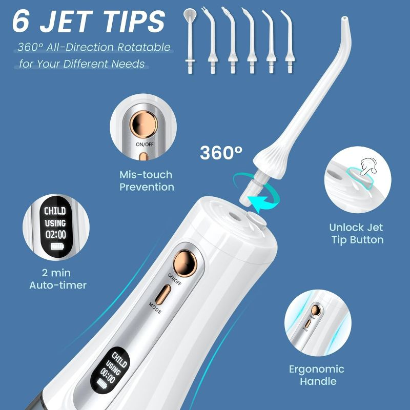 Photo 1 of 350ML Powerful Water Flossers for Teeth - Portable Water Flosser Cordless Oral Irrigator with 5 Modes 6 Jet Tips, Professional Water Dental Flosser IPX7 Waterproof Electric Flosser for Travel
