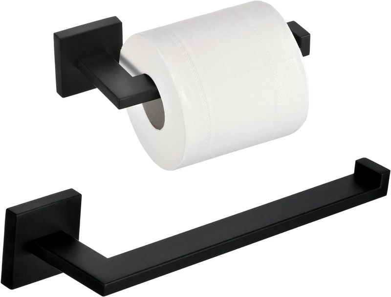 Photo 1 of Matte Black Bathroom Accessories Hardware Set 2 Pieces, Toilet Paper Holder + Hand Towel Holder, Wall Mounted Towel Ring Towel Bar, SUS304 Stainless Steel, SHUNLI
