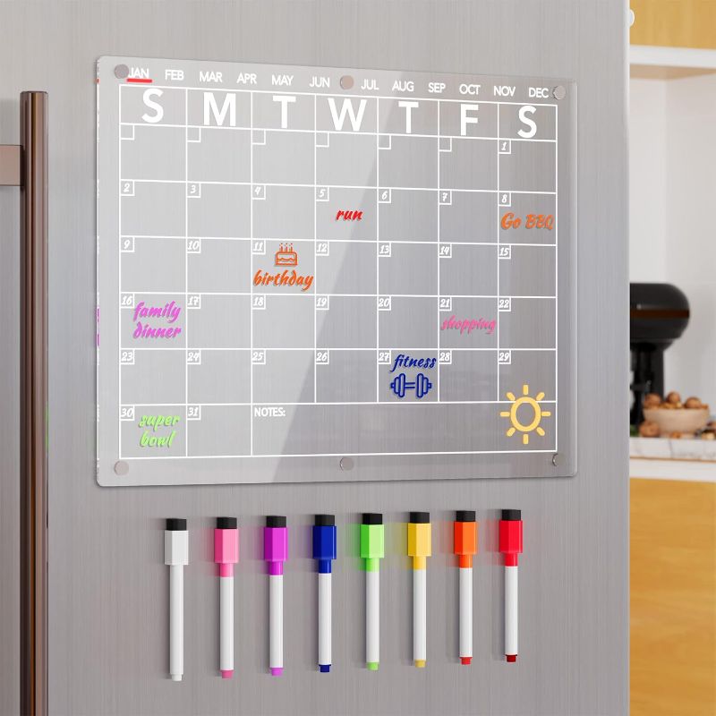 Photo 1 of Acrylic Magnetic Dry Erase Board Calendar for Fridge, Clear Monthly Planner Whiteboard for Refrigerator, w/ 8 Colors Dry Erase Markers, 15"x11"