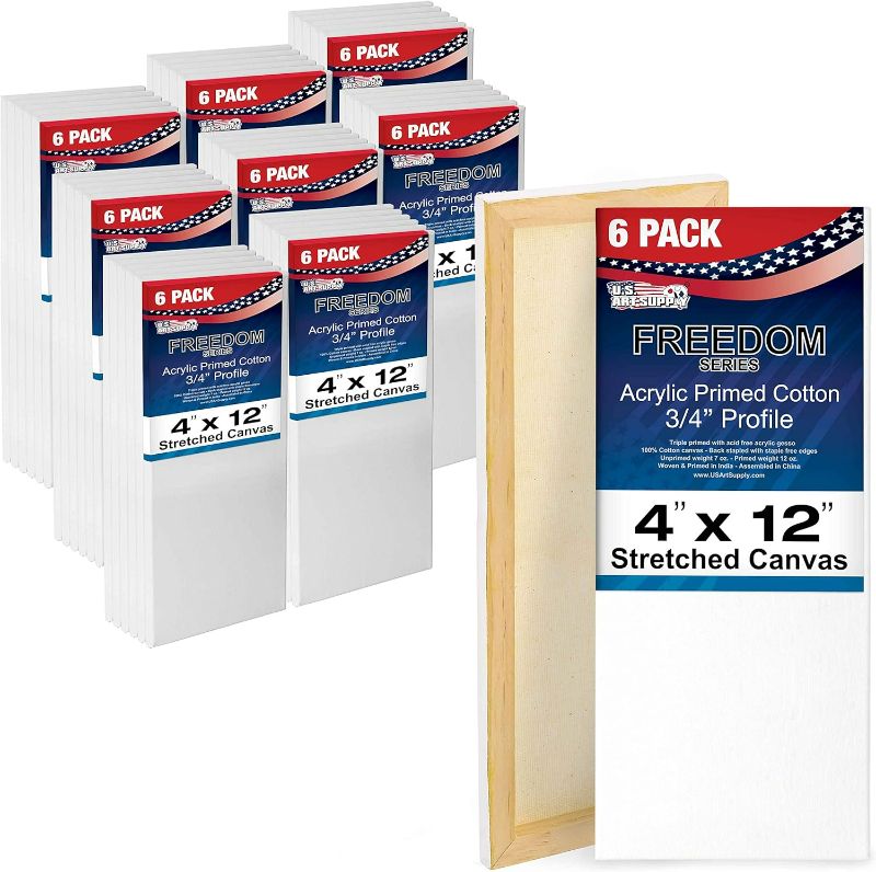 Photo 1 of U.S. Art Supply 4 x 12 inch Stretched Canvas 12-Ounce Triple Primed, 48-Pack - Professional Artist Quality White Blank 3/4" Profile, 100% Cotton, Heavy-Weight Gesso - Acrylic Pouring, Oil Painting
