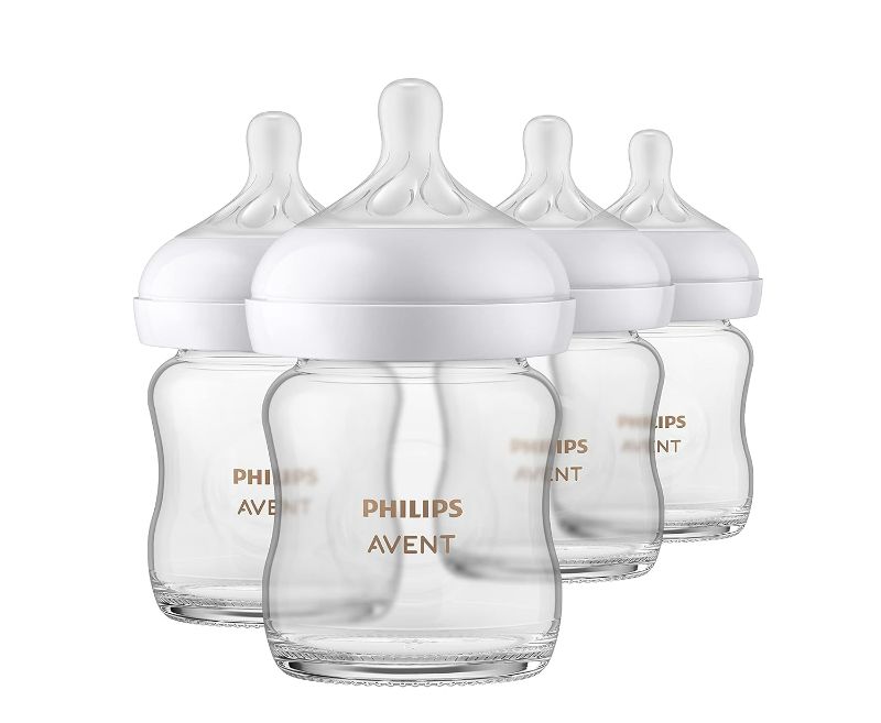 Photo 1 of Philips AVENT Glass Natural Baby Bottle with Natural Response Nipple, Clear, 4oz, 4pk, SCY910/04
