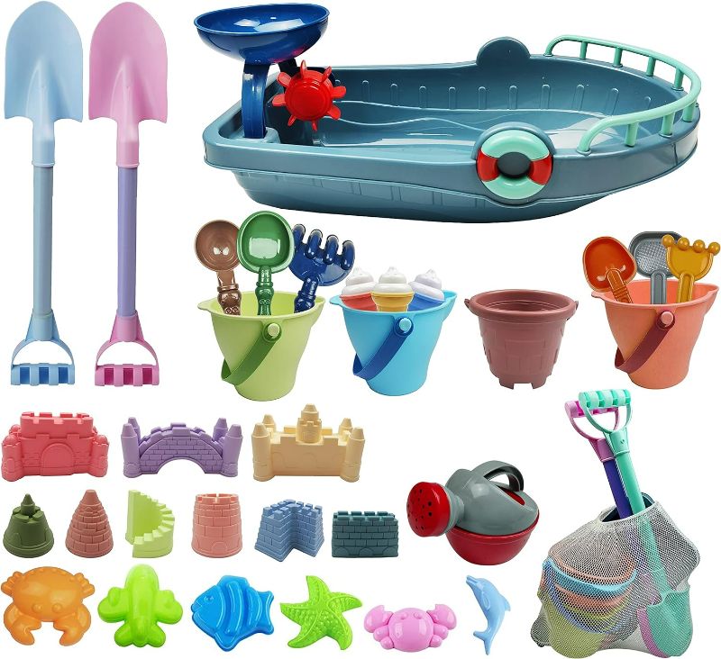 Photo 1 of IOKUKI Long Shovels Sand Toys Tool with Mesh Bag Including Bath Boat, Castle Building Kit, Buckets, Rakes, Molds For Outdoor, Beach for Kids, Toddlers, Boys and Girls (33 PCS)
