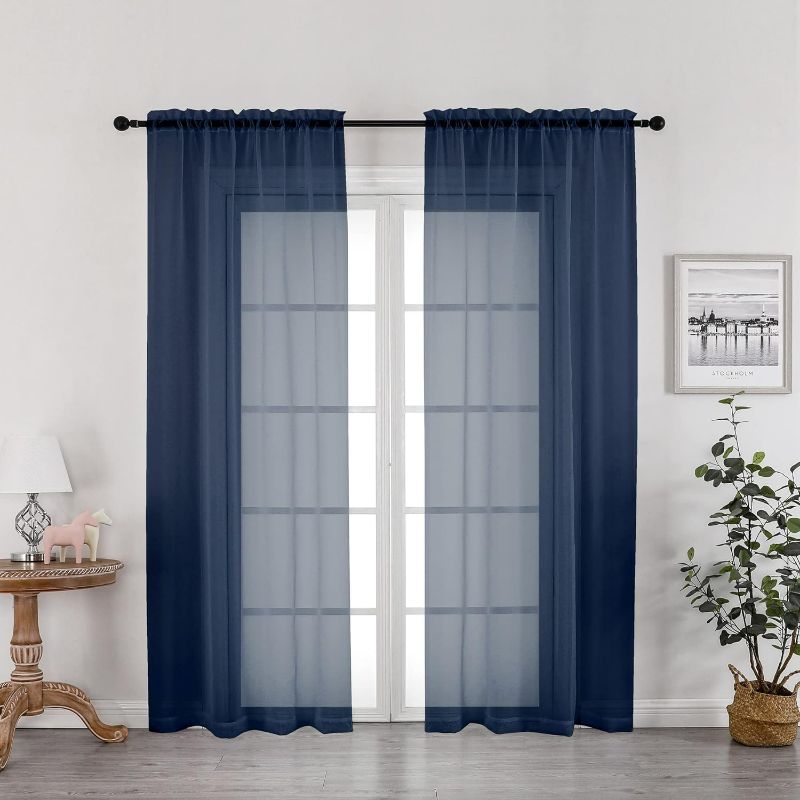 Photo 1 of OWENIE Navy Blue Sheer Curtains 72 Inches Long 2 Panels, Transparent Voile Sheer Curtain Double Rod Pocket Gauze Drapes for Living Room Bedroom Window...
