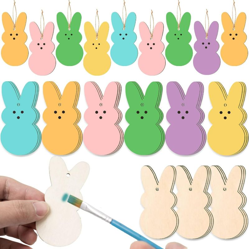 Photo 1 of Easter Peeps Bunny Ornaments for Tree Decorations-36Pcs Painted and Blank Mixed Wooden Rabbit Tree Ornaments with Twines for Kids DIY Easter Crafts Spring...
