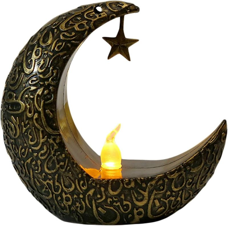 Photo 1 of 4 Pack Ramadan Candle Holder Electronic Murabak Candles Elegant Star Moon Hanging Tealight Eid Table Decorations (Bronzer Gold, 10cm*10cm)

