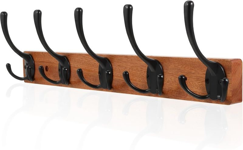 Photo 1 of IBosins Wall Mounted Coat Rack, 16.9'' Long, Entryway Hanging Hooks Rack, Metal Wood Coat Rack with 5 Black Rustic Tri-Hooks, Wooden Decorative Hooks Rail for Coat, Scarf, Bag, Towel, Hat
