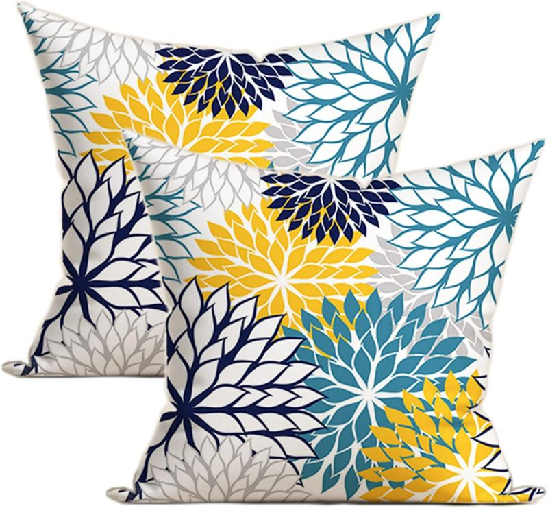 Photo 1 of SHAPTOY Navy Blue Teal and Yellow Grey Throw Pillow Covers Set of 2 Dahlia Flower Outdoor Decorative Pillows Cover 20x20 Inch Floral Pillowcase Square...
