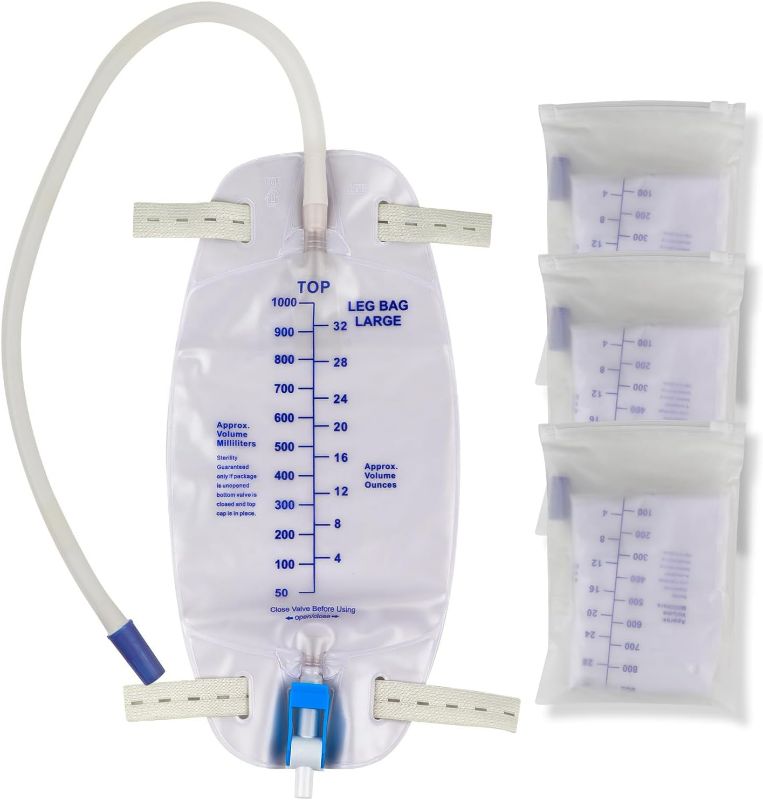 Photo 1 of 3 Pack Catheter Bags, Premium Easy-Tap Leg Bag Urinary Drainage Bag, 32 Oz with 3 18” Tubing, Anti-Reflux Valve, with Cloth Straps to Attach to Your Foot, Advanced Flip Drain for EZ Disposal
