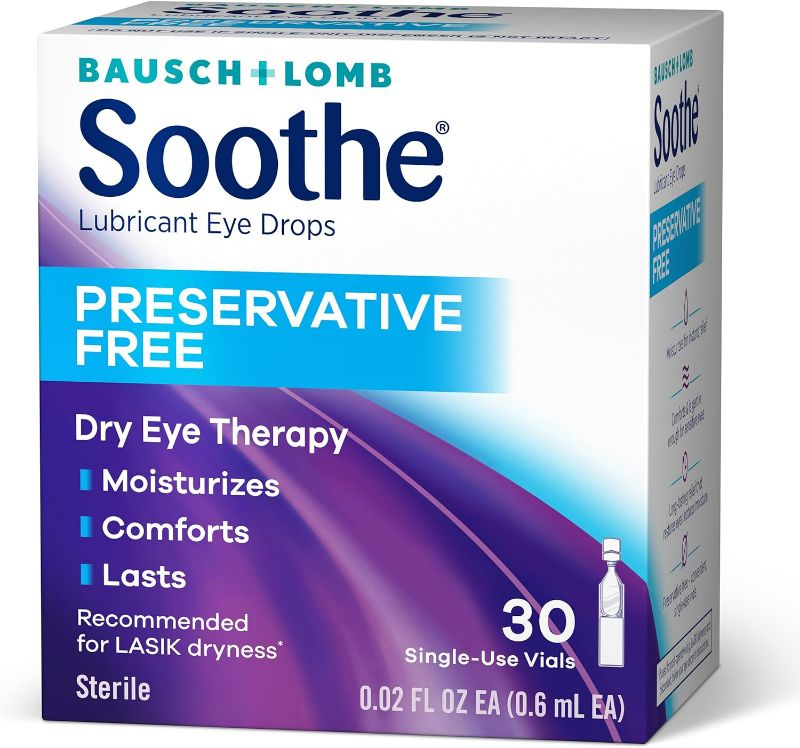 Photo 2 of Soothe Preservative Free Lubricant Eye Drops, Long-Lasting Dry Eye Relief, Moisturizing & Comforting, Suitable for Sensitive Eyes, Single Use Vials, 30 Count
