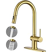 Photo 1 of Brushed Gold Kitchen Faucet with Pull Down Sprayer, Modern Gold Kitchen Sink Faucet Single Hole with 10" Deck Plate, Single Handle Pull Out Kitchen Faucets for Sink
