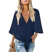 Photo 1 of (XL) Kancystore Womens Button Down V Neck Tie Knot Front Tops 3/4 Sleeve Chiffon Casual Blouse Shirts
