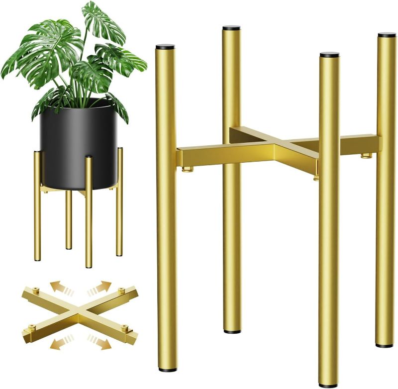 Photo 1 of Metal Plant Stands for Indoor Plants Adjustable for 8 9 10 11 12 inches Planter Mid Century Stable Stylish Corner Plant Stand for Outdoor, Gold 1Pack, Pot...
