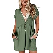Photo 1 of (L) Glamaker Women's Summer Short Sleeve Romper Casual V Neck Wide Leg Short Jumpsuit Button Beach Rompers Outfit With Pockets
