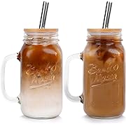 Photo 1 of ANOTION Mason Jar with Lid and Straw, 24oz Regular Mouth Mason Jars with Handle Drinking Glasses Tumbler Reusable Cups Smoothie Water Bottles for Iced Coffee (Classic 2 cups Style)
