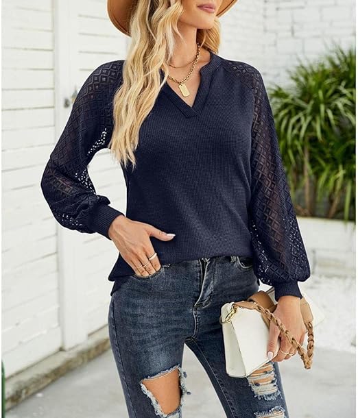 Photo 1 of Size XL Womens Fashion Long Sleeve Tops Lace Sleeve Loose Casual Spring V Neck Waffle Knit Tunic Blouse Henley Shirts

