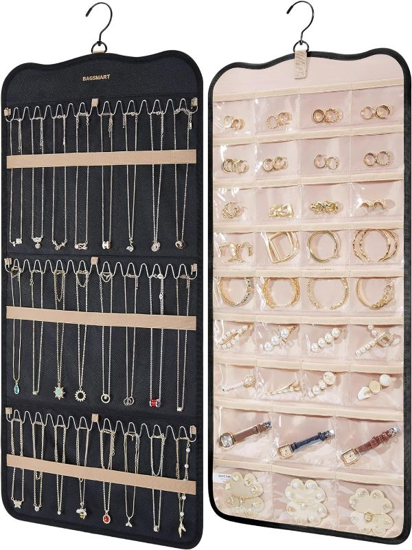 Photo 1 of BAGSMART Hanging Jewelry Organizer Storage with Hanger Metal Hooks Double-Sided Jewelry Holder for Earrings, Necklaces, Rings on Closet, Wall, Door, 1 piece...
