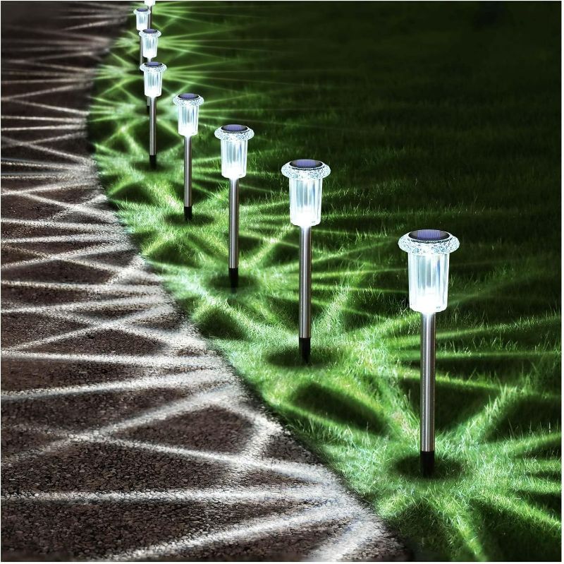 Photo 1 of DenicMic Solar Lights Outdoor 10 Pack Solar Pathway Lights Outdoor Waterproof Solar Garden Lights LED Stainless Steel Outdoor Solar Lights for Yard Path Walkway Driveway Garden Decor (Cold White)