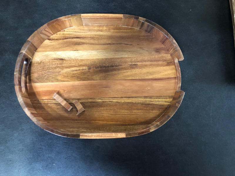 Photo 2 of MERVAGIN Rustic Acacia Wooden Serving Tray with Handles, Decorative Serving Food Trays, Farmhouse Ottoman Oval Tray for Bedroom, Kitchen, Living Room, Home Decor for Coffee Table Acacia