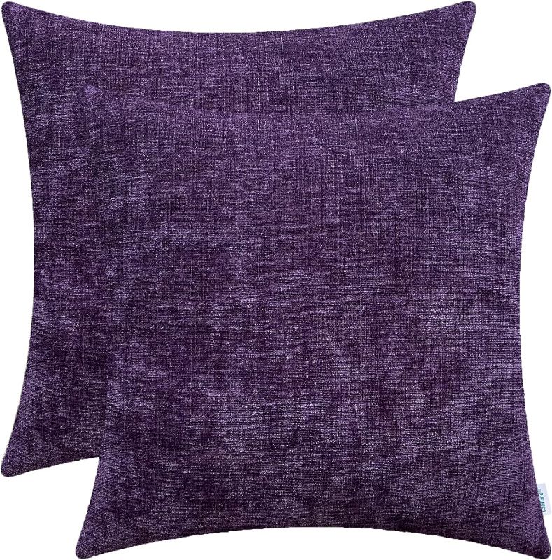 Photo 1 of CaliTime Pack of 2 Cozy Throw Pillow Covers Cases for Couch Sofa Home Decoration Solid Dyed Soft Chenille 18 X 18 Inches Plum Purple