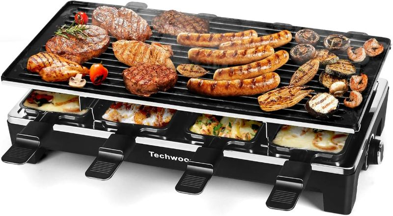 Photo 1 of Raclette Table Grill, Techwood Electric Indoor Grill Korean BBQ Grill, Removable 2-in-1 Non-Stick Grill Plate, 1500W Fast Heating with 8 Cheese Melt Pans, Ideal for Parties and Family Fun (Black)