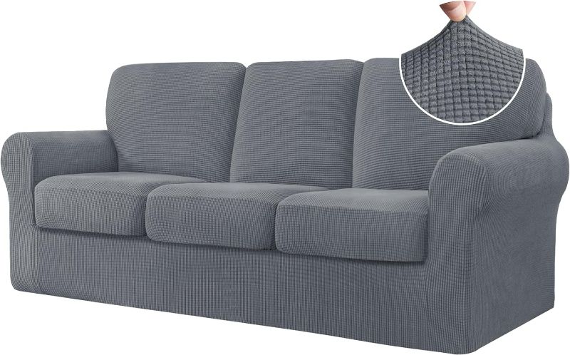 Photo 1 of CHUN YI 7 Piece Stretch Sofa Covers for 3 Cushion Couch Covers, 3 Seater Couch Slipcover with 3 Separate Backrests and Cushions with Elastic Band, Checks Spandex Jacquard Fabric(Large, Light Gray)