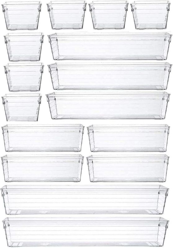 Photo 1 of Grace Store 16Pcs Kitchen Drawer Organizer Clear Plastic Desk Drawer Organizers Tray for Makeup, Kitchen Utensils and Gadgets