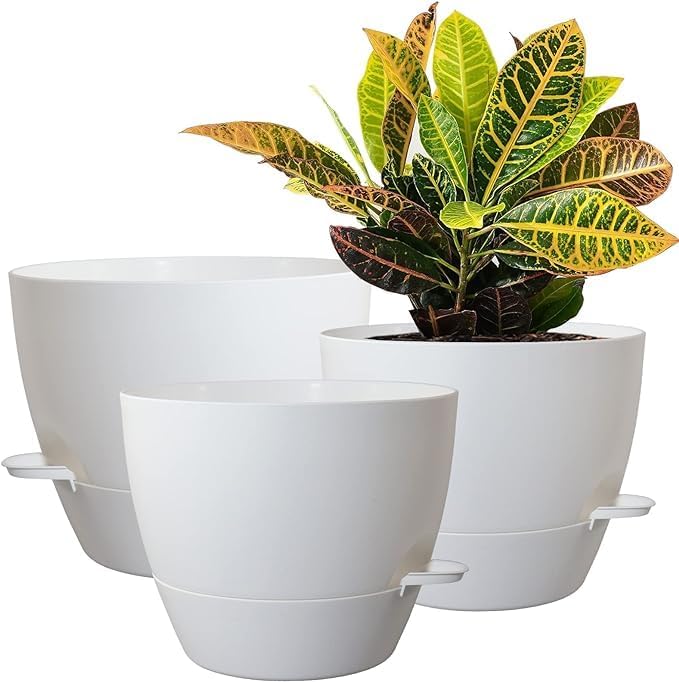 Photo 1 of UOUZ 10/9/8 inch Self Watering Pots, Set of 3 Plastic Planters with Mesh Drainage Holes and Deep Reservoir for Indoor Outdoor Garden Plants and Flowers, White