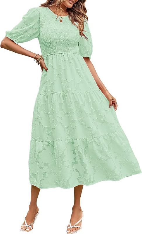 Photo 1 of (XL) MEROKEETY Women's 2024 Summer Puff Sleeve Smocked Floral Dress Crewneck Lace Flowy Tiered Midi Dresses Size XL