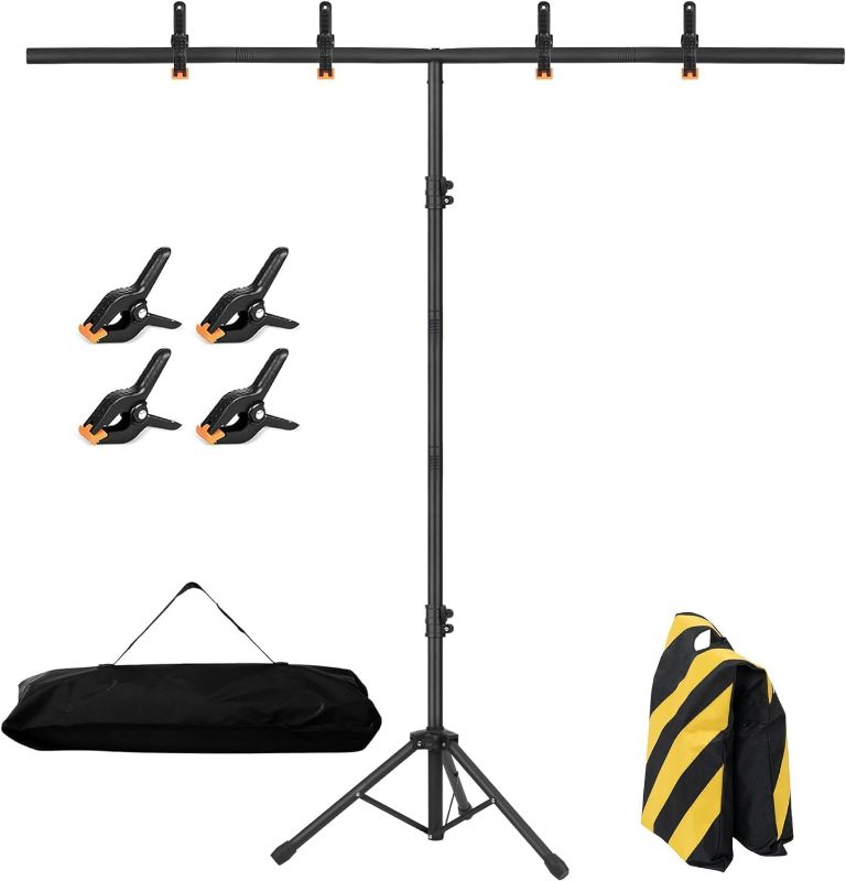 Photo 1 of 6.5x3.2ft T-Shape Backdrop Stand, Adjustable Background Support Stand Kit, Portable Photo Banner Holder with 4 Spring Clamps, Sandbag, Carry Bag for Party, Wedding, Photography and Decoration