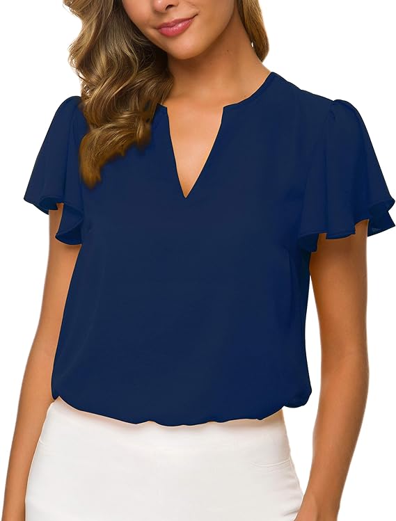 Photo 1 of (XL) ACONIYA Women's Casual Ruffled V Neck Chiffon Blouse Short Sleeve Office Work Elegant Shirt Vintage Basic Tops Size XL
