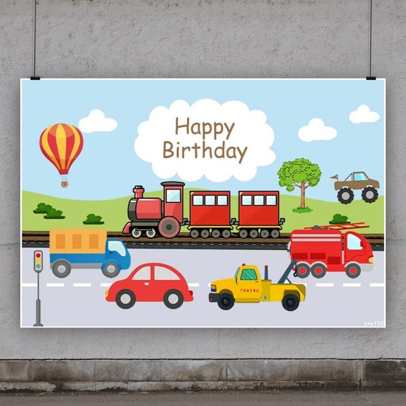 Photo 1 of TTQYFNM 7x5ft Happy Birthday Backdrop Red Train Trailer Car Fire Truck Hot Air Balloon Blue Sky Photography Background for Boys Transportation Theme Birthday Party Decorations Cake Table Banner