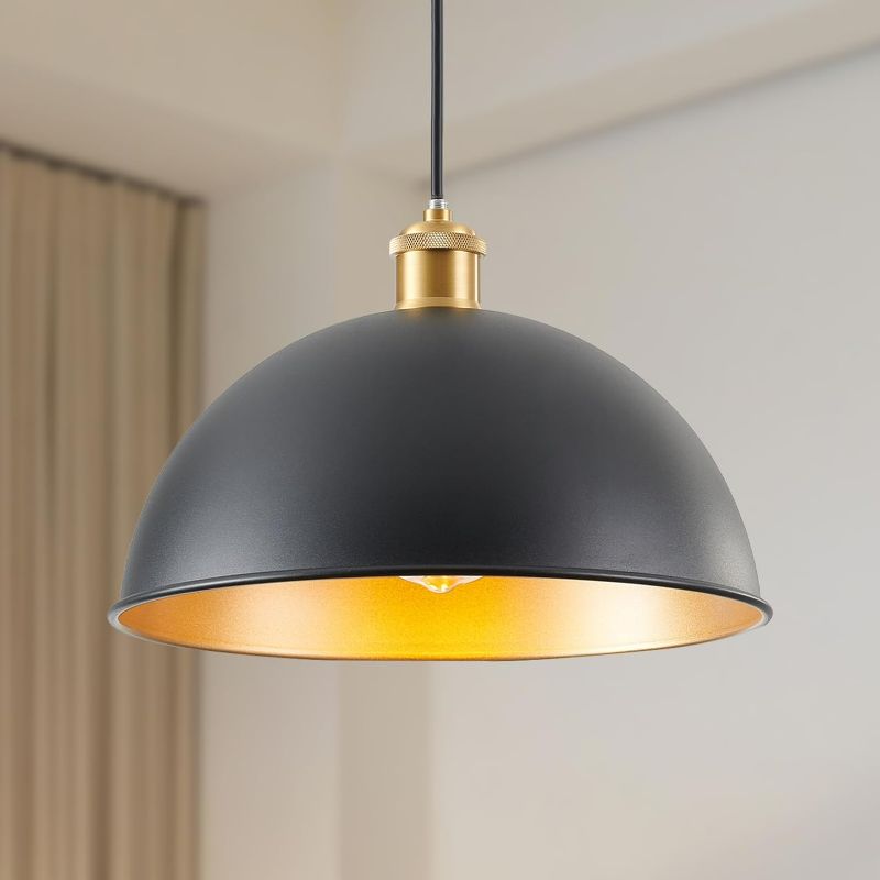 Photo 1 of Black Pendant Lights Kitchen Island,12" Dome Kitchen Island Light Fixtures,Kitchen Hanging Lights Metal Shade Adjustable Black Pendant Lights for Bar,Bedroom,Dining Room,Farmhouse