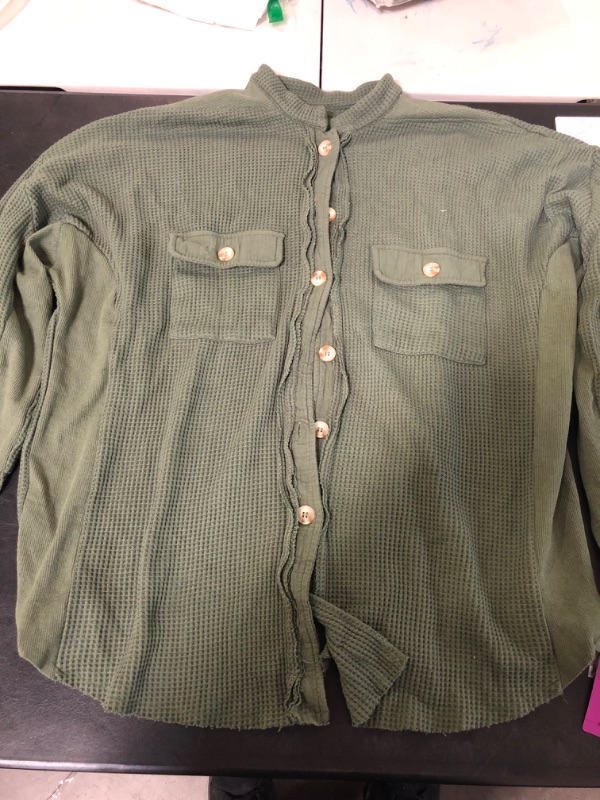 Photo 1 of Women's Loose Fit Batwing Sleeve Waffle Knit Button Down Shirt Shacket Tops Size XL