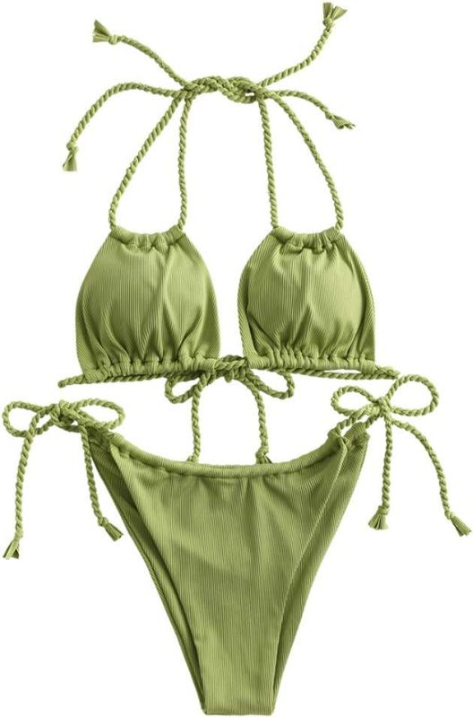 Photo 1 of Size S ZAFUL Womens Triangle Bikini Sets High Cut Tie Side 2 Piece Bathing Suits String Halter Bikini Swimsuits