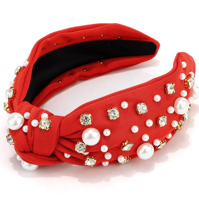 Photo 1 of Atoden Red Knotted Headbands with Pearl Rhinestone Womens Headbands Wide Top Knot Headbands Beaded Headband Crystal Jeweled Head Bands for Women's Hair Embellished Headbands Non Slip Sparkly Hair