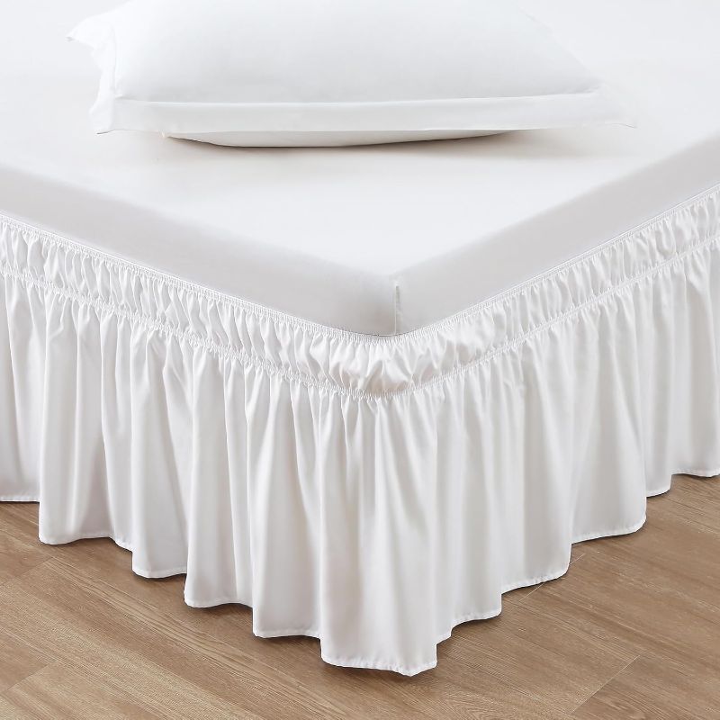 Photo 1 of MEILA Wrap Around Bed Skirt Three Fabric Sides Elastic Dust Ruffled 18 Inch Tailored Drop,Easy to Install Fade Resistant-Natural White, Queen/King