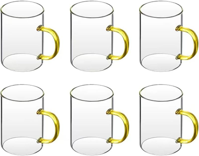 Photo 1 of Biliarsey 16 oz Glass Mugs Set of 6, Clear Colored Handled Coffee Glass Mugs, Large Capacity Transparent Glass Cups, for Coffee, Milk, Tea, Juice, Beer or Hot Beverages (Gold Color Handle)