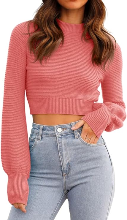 Photo 1 of (L) Womens Sexy Crew Neck Cropped Sweaters Ribbed Knit Long Sleeve Crop Tops Pullover0 / Size Large