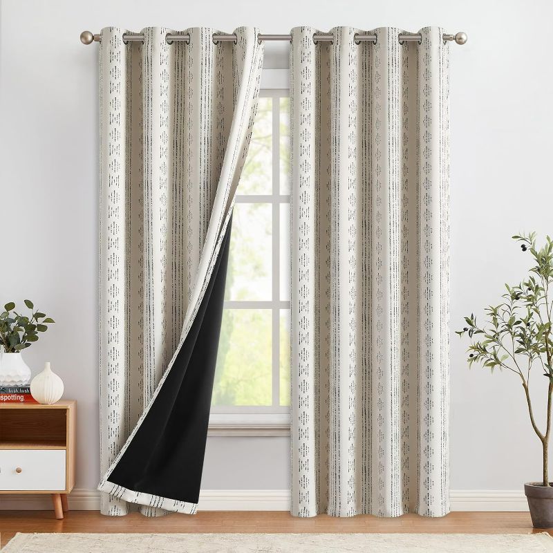 Photo 1 of Boho Blackout Curtains for Bedroom 96 Inches Long Black on Beige Geometric Stripe Pattern Curtains for Living Room Thermal Insulated Room Darkening Drapes Grommet Window Curtains 2 Panels