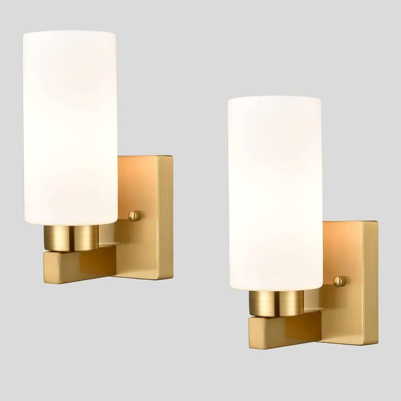 Photo 1 of DEYNITE Modern Wall Light Fixtures Brass Bathroom Vanity Light with Milky White Cylinder Glass Shade Set of 2