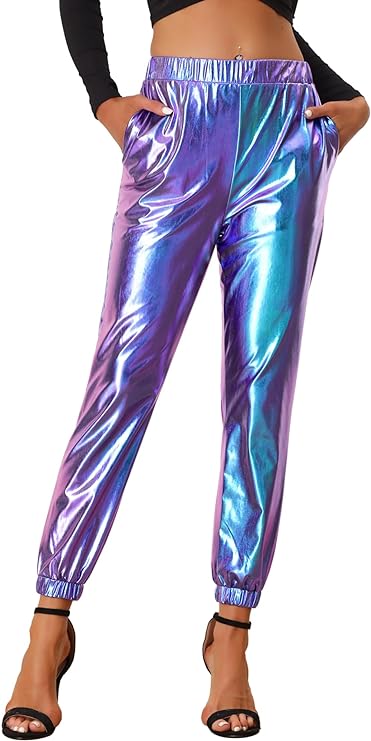 Photo 1 of (L) Allegra K Women's Metallic Trousers Christmas Shiny Sparkle Elastic Waist Holographic Pants Size L