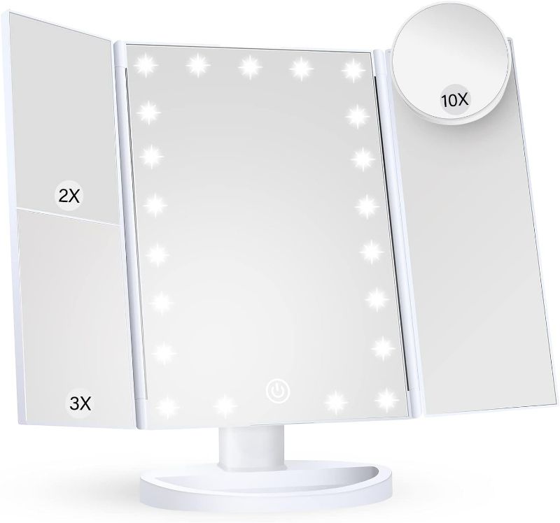 Photo 1 of Makeup Mirror Vanity Mirror with Lights, 2X 3X 10X Magnification, Lighted Makeup Mirror, Touch Control, Trifold Makeup Mirror, Dual Power Supply, Portable LED Makeup Mirror, Women Gift (White)